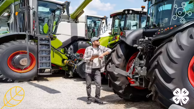 A man in a plaid shirt and cap uses a tablet while standing between large tractors. The image features a yellow leaf icon and white 4-H logo in the corners.