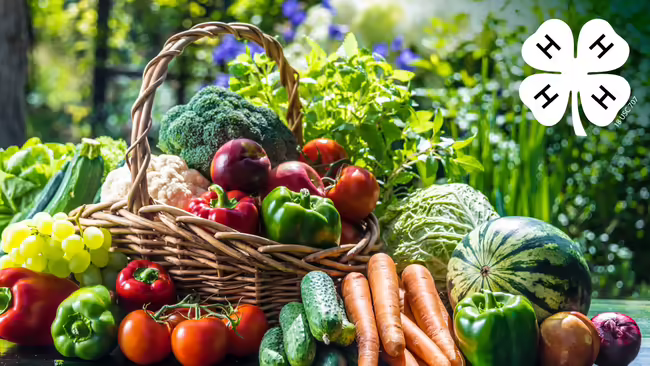 Basket of vegetables alongside fruits and vegetables