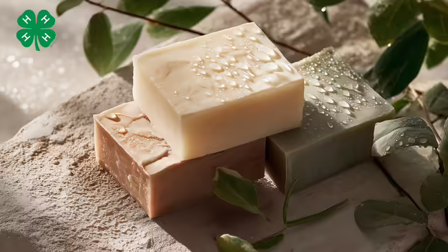 Colored bars of soap. A green 4-H clover in the upper left corner.