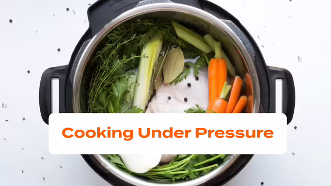 Cooking Under Pressure text layered over an instant pot pressure cooker filled with vegetables 