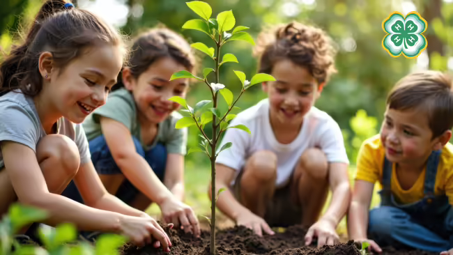 Four children smiling and working together to plant a young sapling in the soil, featuring a 4-H logo in the corner.