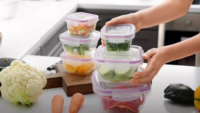 A person's hands stacking clear plastic containers filled with various chopped fresh vegetables, such as peppers, broccoli, and peas, on a kitchen counter.