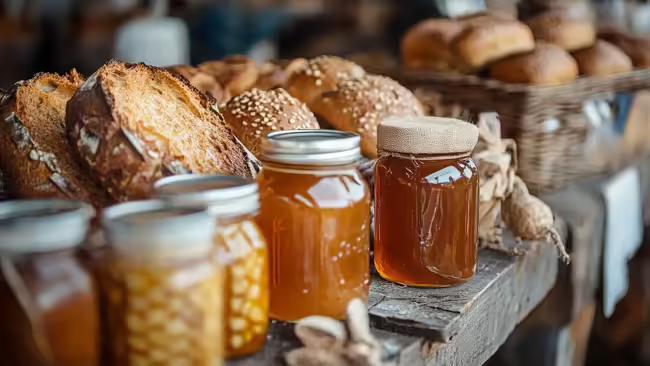 A table with jars of honey and fresh baked bread. 