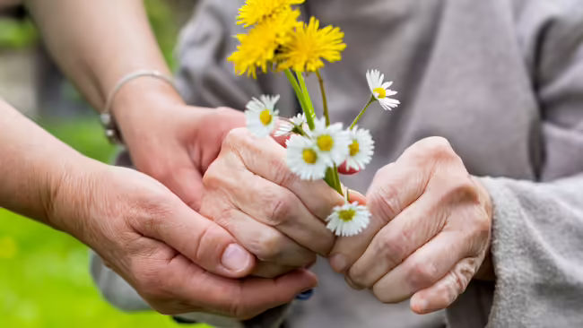 Person holding a flower while someone else holds their hand.
