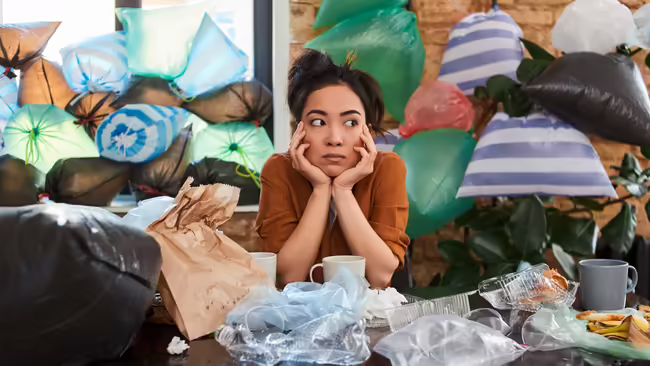 Woman sitting in her house surrounded by clutter