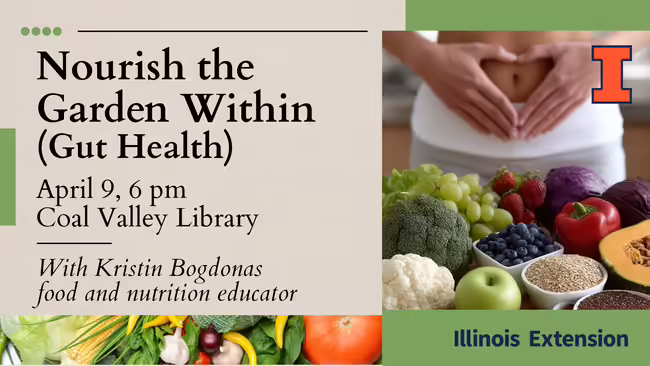 Program listing with woman holding tummy and healthy foods in foreground