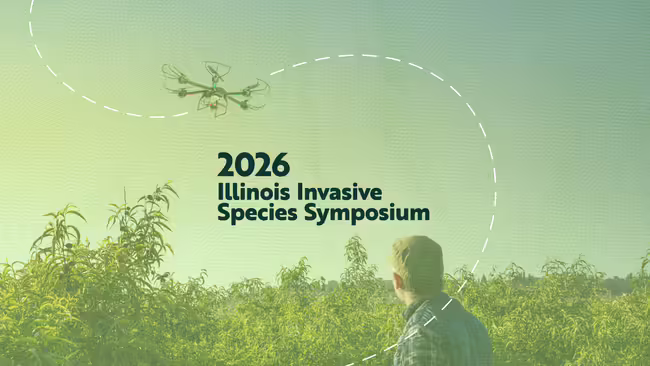 Program title and a photo of a person flying a drone over shrubs