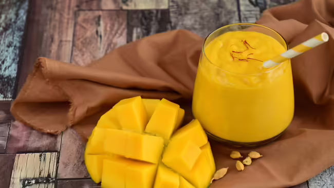 A glass of mango lassi next to a cut mango 