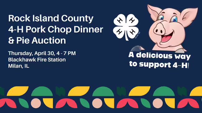 pork chop dinner details with cartoon pig and 4-H clover
