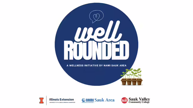 blue circle with the words "Well Rounded" and a small group of plants off to the side.