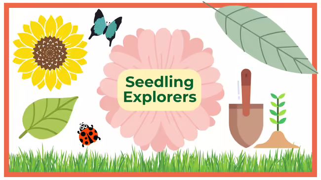 garden themed drawing of leaves, flowers, a ladybug and butterfly