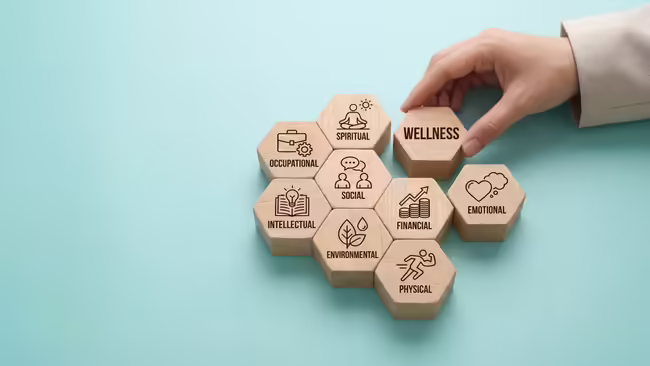 Hexagon blocks with figures that represents different types of wellness.