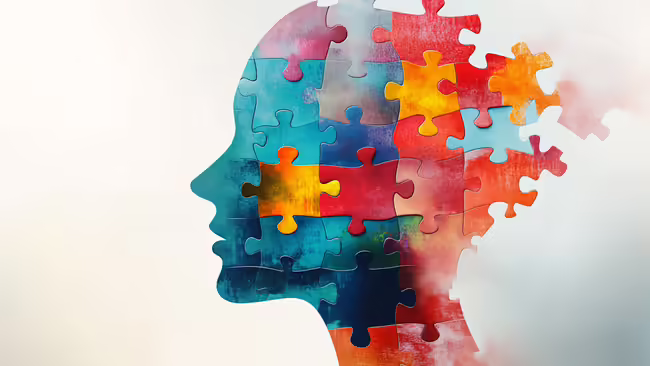 A profile of a face made up of different colored puzzle pieces.