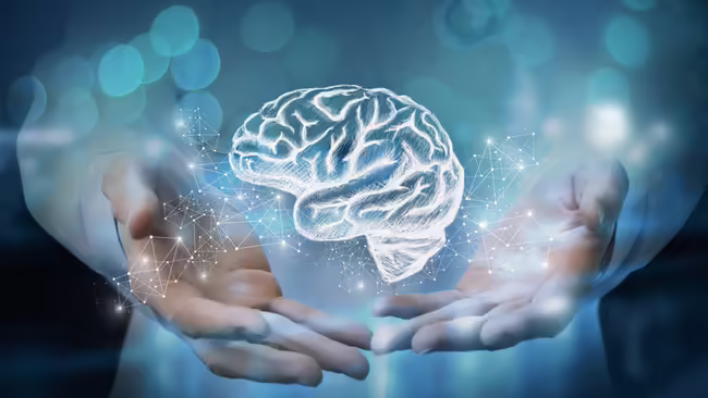 A pair of hands holding a floating diagram of the brain.