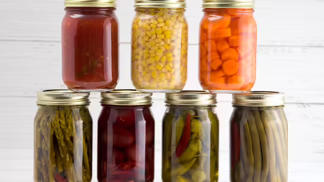 Glass mason jars filled with various preserved vegetables, arranged in two stacked rows against a white wooden background.