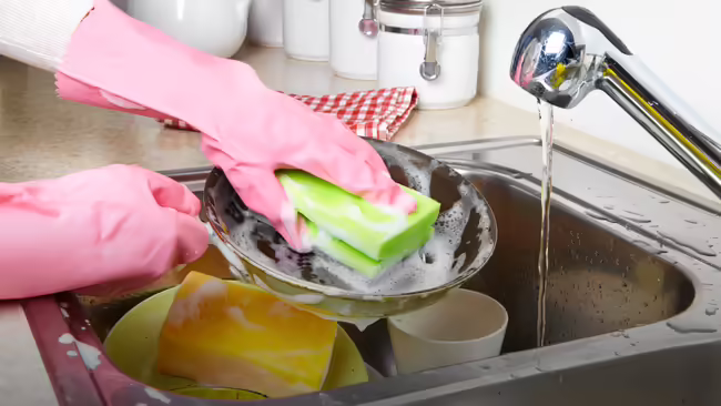 A person wearing pink rubber gloves scrubs a frying pan with a soapy green sponge in a kitchen sink.