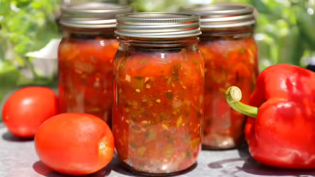 Glass jars filled with red tomato salsa, surrounded by fresh tomatoes and a red bell pepper.