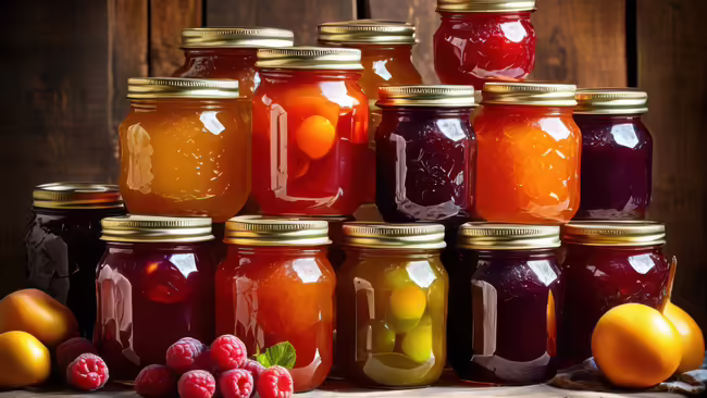 Glass jars filled with colorful fruit jams, jellies, and preserves, surrounded by fresh raspberries and citrus fruits against a rustic wooden background.