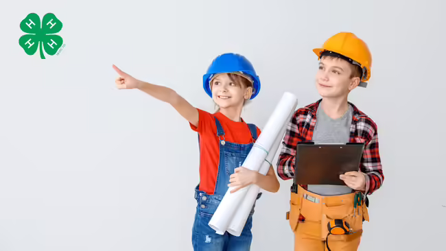 Children wearing hard hats and tool belts posing as construction workers. The 4-H logo is in the top left corner.