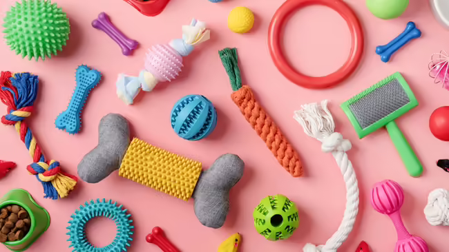 Dog care supplies along with dog toys like ropes, bones, balls, and more