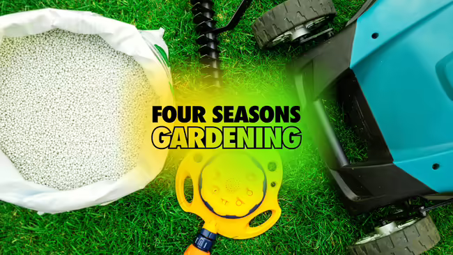 A group of lawn care tools, including an open bag of fertilizer and a push mower with centered text overlay saying Four Seasons Gardening. 