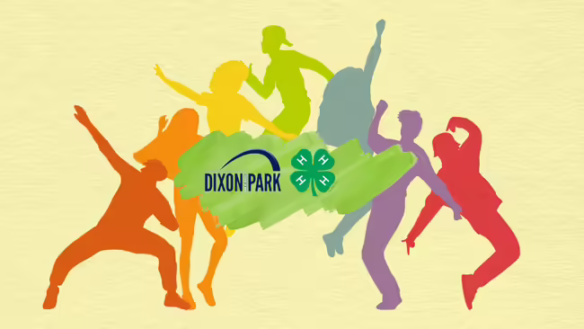 multicolored silhouettes of people dancing overlaid with 4-H and Dixon Park District logos