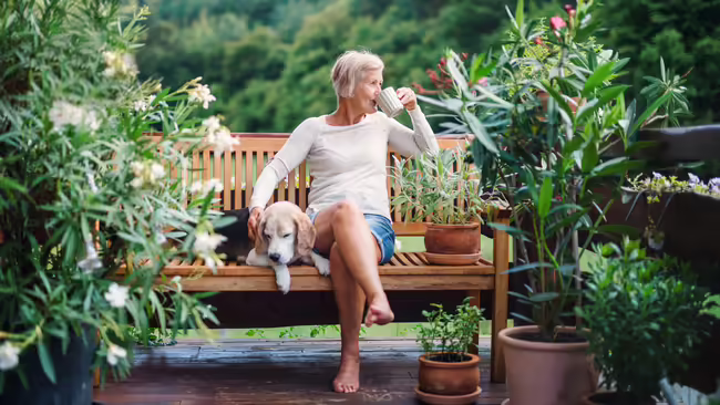 A woman and her dog relaxing on a bench surrounded by potted plants.