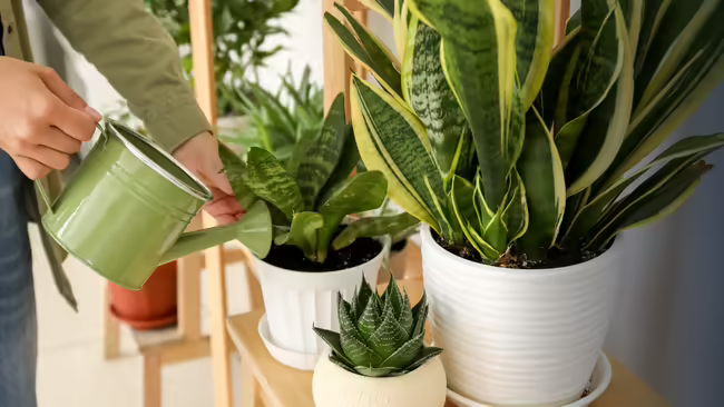 A person watering indoor snake plants and a succulent with a green watering can.