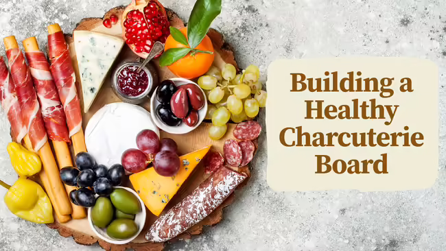 Building a Healthy Charcuterie Board. Background is charcuterie board with different healthy foods.