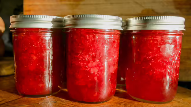 Closeup of Red Strawberry jam jars.