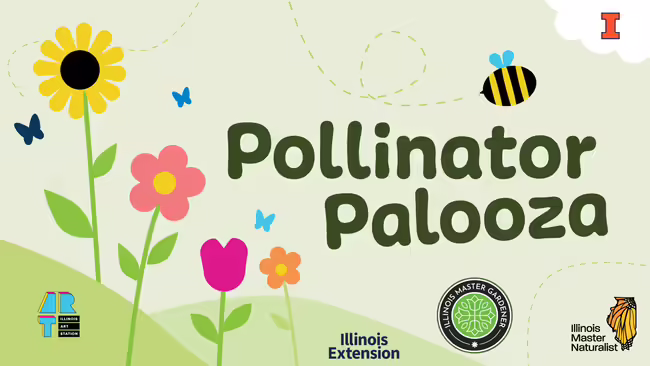 The title of Pollinator Pallooza surrounded by flowers, butterflies, and bees with icons that are youthful. 