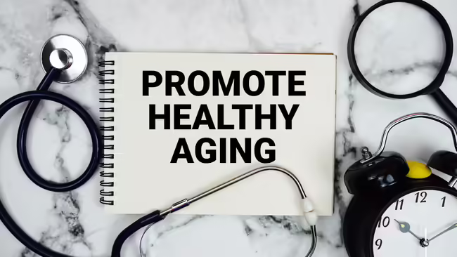 Book cover with promote healthy aging with stethoscope, alarm clock and magnifying glass