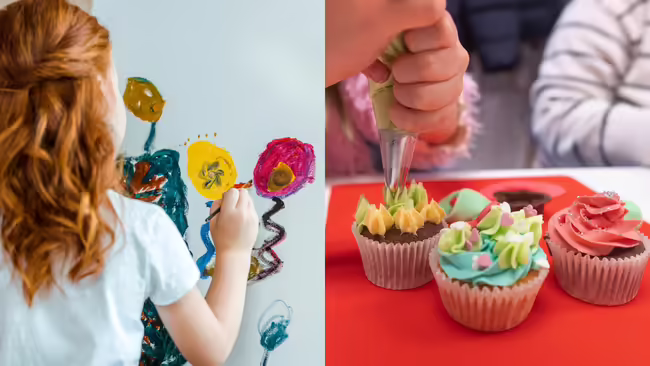 a young girl painting a canvas next to a close-up of someone decorating cupcakes with a piping bag