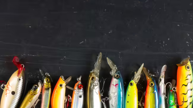 fishing lures lined up next to each other