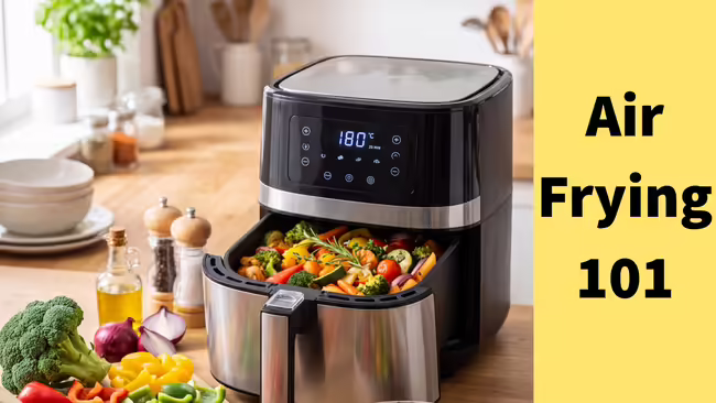 Air fryer in a kitchen with vegetables