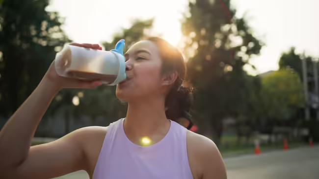 A teen athlete drinking from a water bottle outdoors.