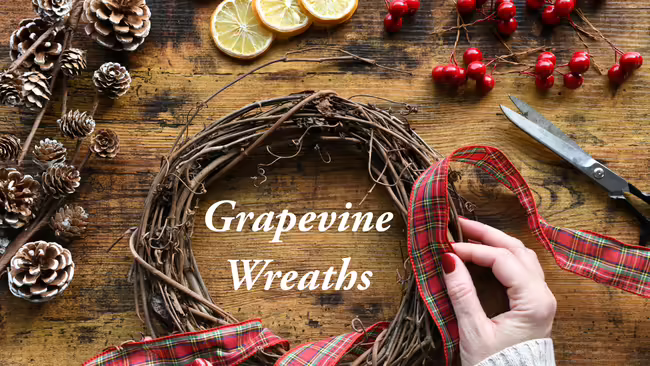 Making a grapevine wreath with pine cones lemon slices and berries