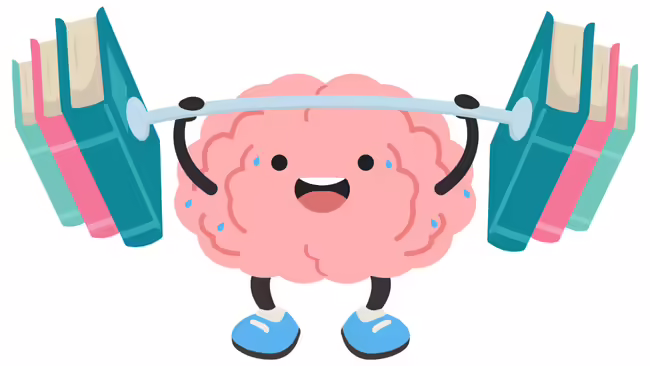 Cartoon brain lifting a barbell with sweat drops around it.