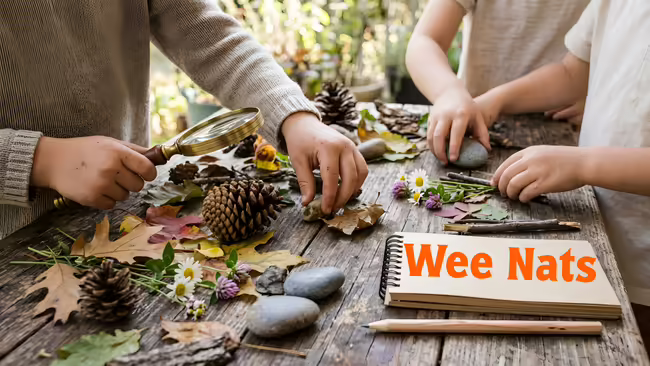 Children exploring items from nature such as rocks, leave, twigs and pine cones