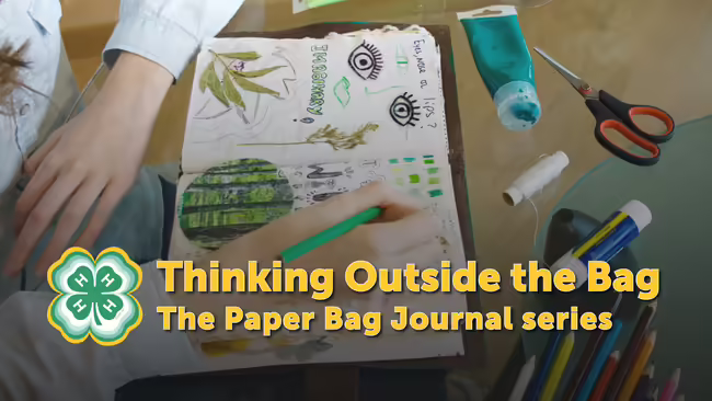 Thinking Outside the Bag The Paper Bag Journal Series yellow font overlaying a picture of youth drawing inside a handmade journal