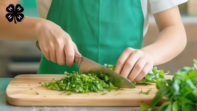 A child wearing a green apron using a knife on a cutting board to chop up food. A black 4-H clover in the upper right.