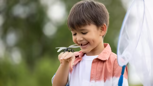 A boy with a large dragonfly on his hand 