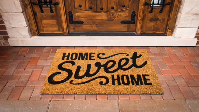 a home sweet home doormat on a brick porch in front of a door