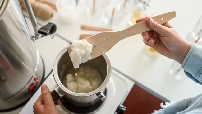 Melting down beef tallow in a metal pot and a wooden spoon.