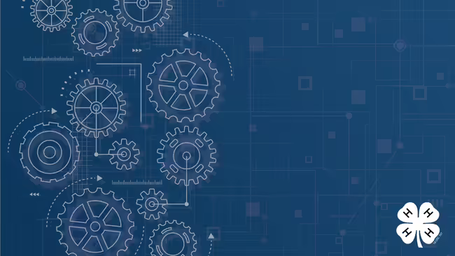 A graphic featuring gears on a blue background with a white 4-H logo in the bottom right corner.