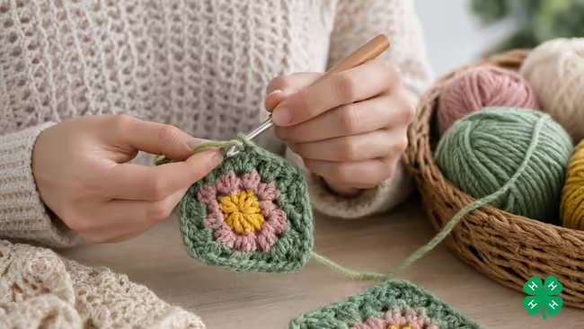 A person's hands using a crochet hook to craft a colorful floral square, with yarn balls in a woven basket. A green 4-H clover in bottom right corner.