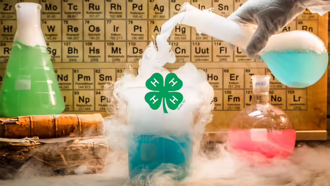 Laboratory beakers with colorful liquids and vapor in front of a periodic table, featuring a green 4-H emblem in the center.