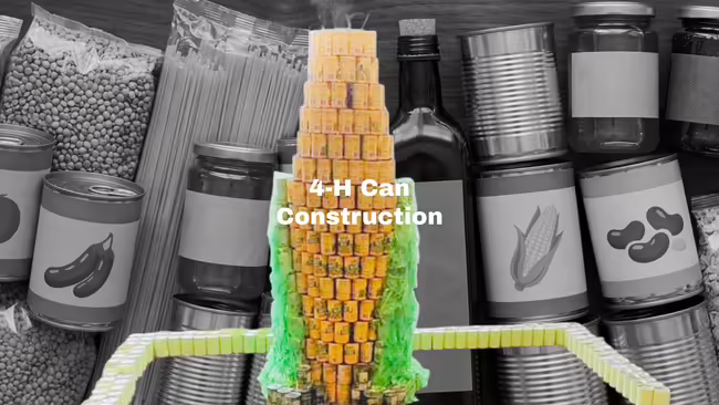 corn cob made of canned food. non perishable foods in background.4-H Can construction