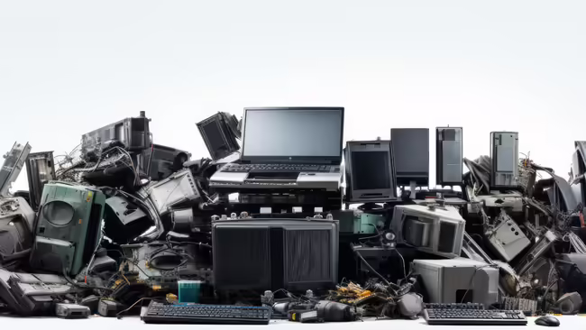 A pile of old computers, laptops, phones, and tablets.