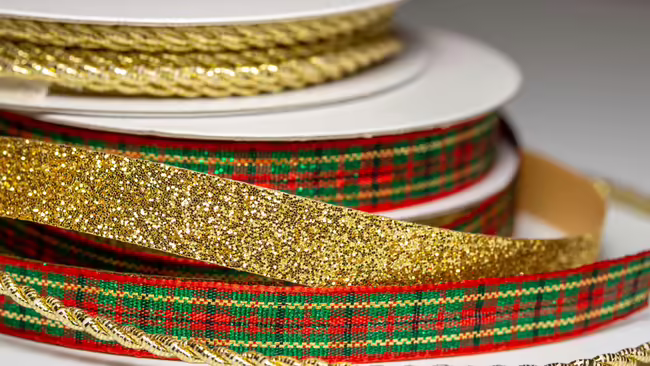 spools of Christmas ribbon
